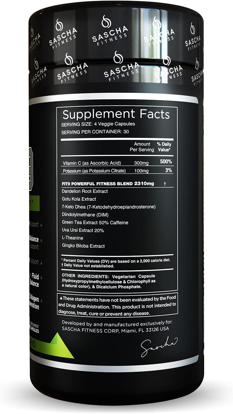 Sascha Fitness Fat Loss pills | Collagen support | Fluid Balance | FIT9 Ingredients: 7Keto + Uva Ursi, Gotu Kola, L-Theanine,Gingko Biloba,DIM,Green Tea | Weight Loss Supplements-Vegan-120 Natural Cap