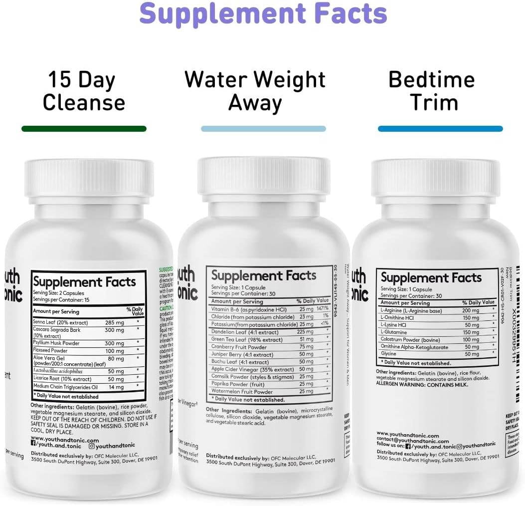 Youth  Tonic Sculpt Lean Cleanse 3 x Diet Pills w/Bedtime Trim  Water Weight Away  15 Day Cleanser as Support for Protein Metabolism Energy Water Retention Loss  Belly Bloating for Women  Men