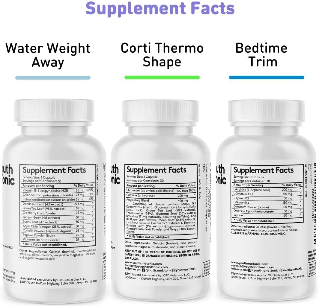Youth  Tonic Shred Sculpt Lean 3 x Diet Pills w Water Weight Away  Cortithermo Shape  Bedtime Trim as Support for Metabolism Energy Cravings Water Retention Loss  Belly Bloating for Women  Men