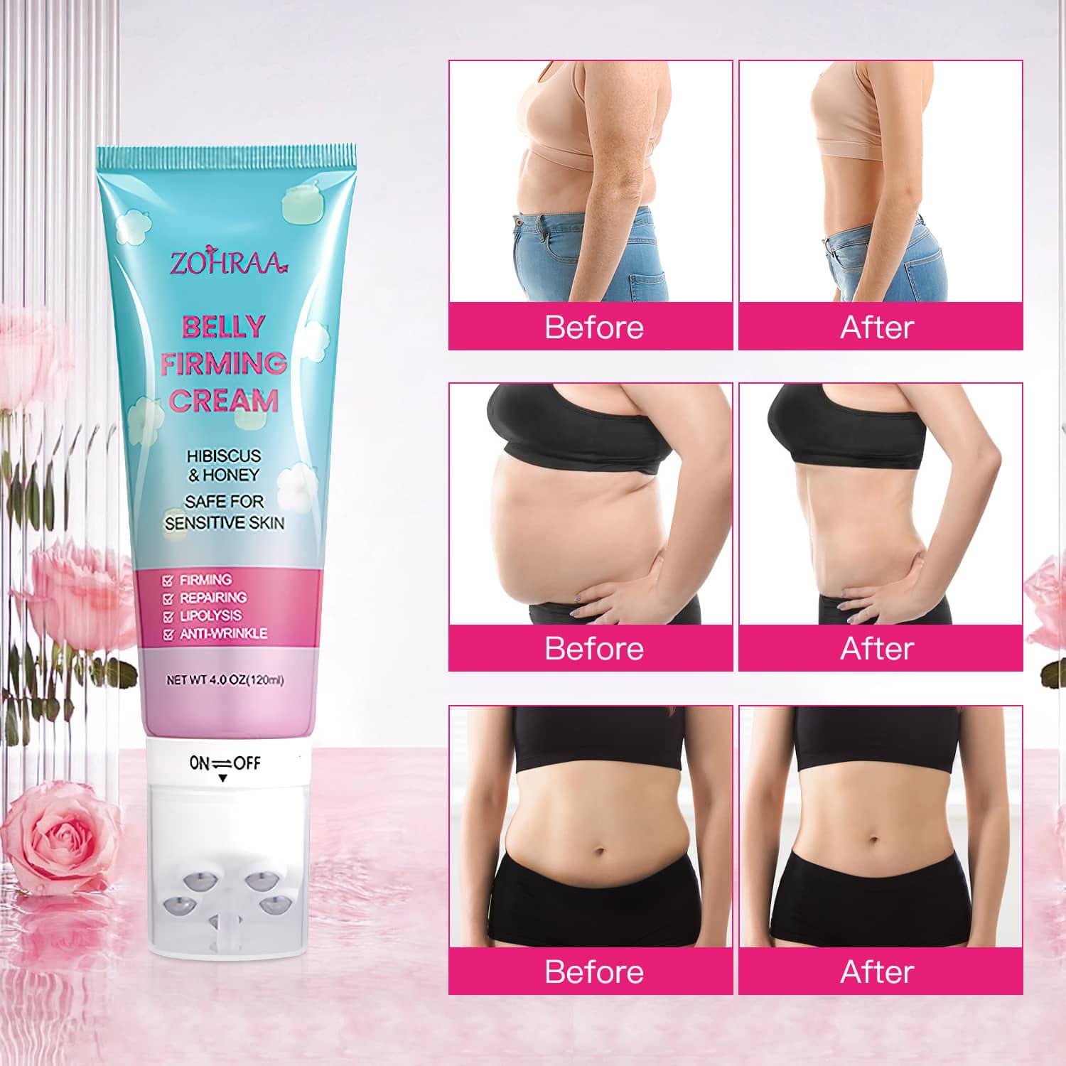 ZOHRAA Hibiscus and Honey B Flat Belly Firming Cream - Skin Tightening Cream for Stomach, Thighs  Butt, Moisturizing Firming Cream for Women and Men(Cream + Massager)