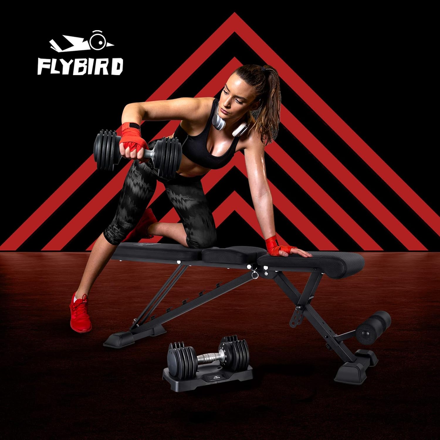 FLYBIRD Workout Bench, Adjustable Weight Bench Folding Weight Bench, Easy to Use Sturdy Durable for Home Gym Dumbbell Exercise, Red/Waist Version