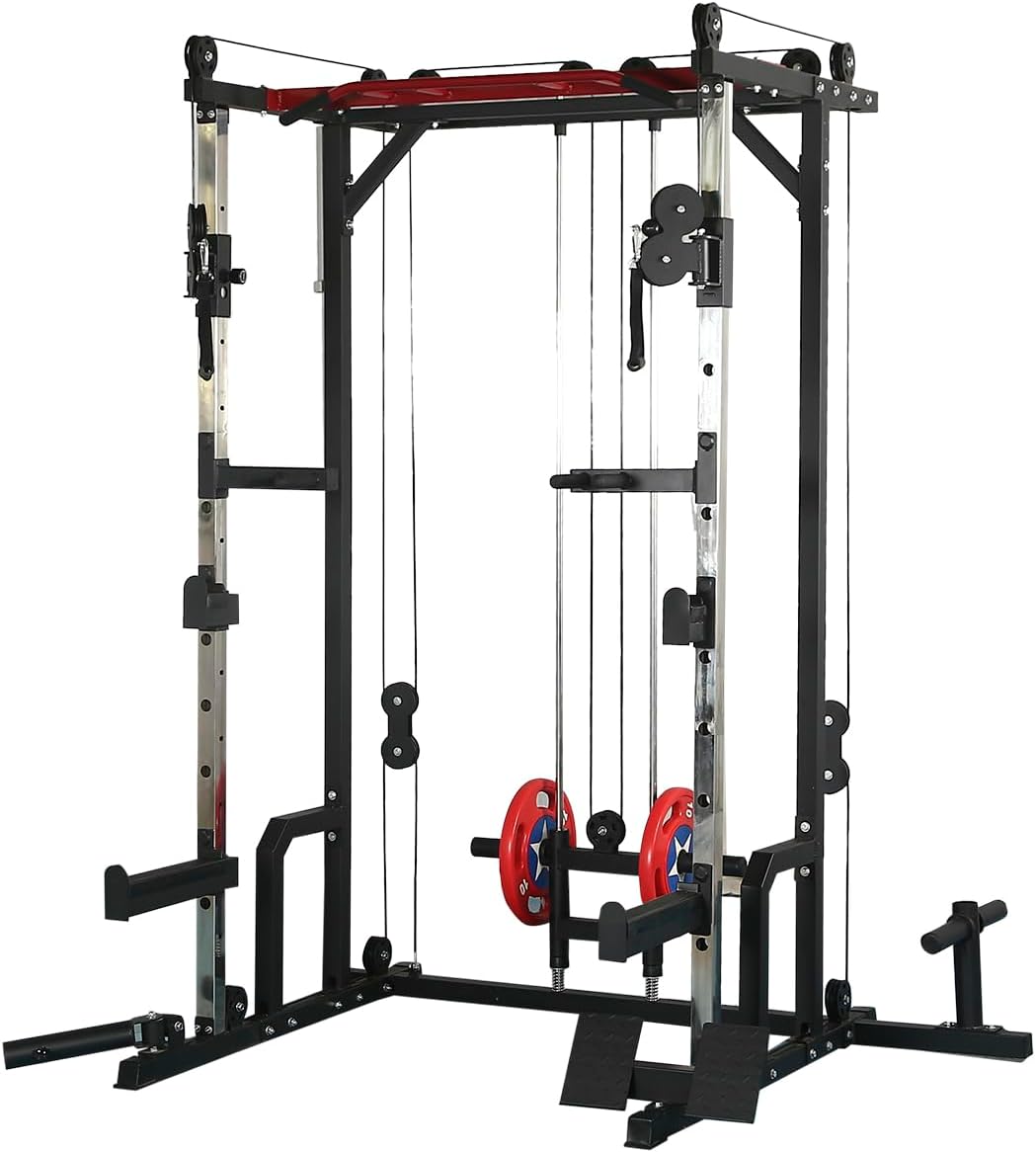 HAUSHECK, 1400lbs Power Cage with LAT Pulldown, Weight Storage, Multi-Functional Squat Racks for Full Body Workouts, Home Gym Equipment with Training Attachment, Orange