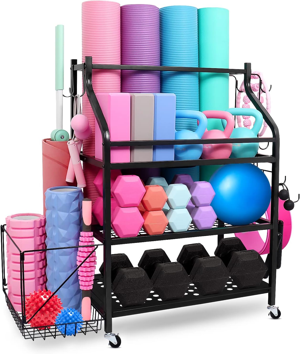 Yoga Mat Holder Storage Rack - Upgraded Weight Rack for Home Gym Storage , 4 Tier Strength Training Dumbbell Rack, Rolling Exercise Workout Equipment Organizer for Kettlebells, Yoga Balls Foam Rollers