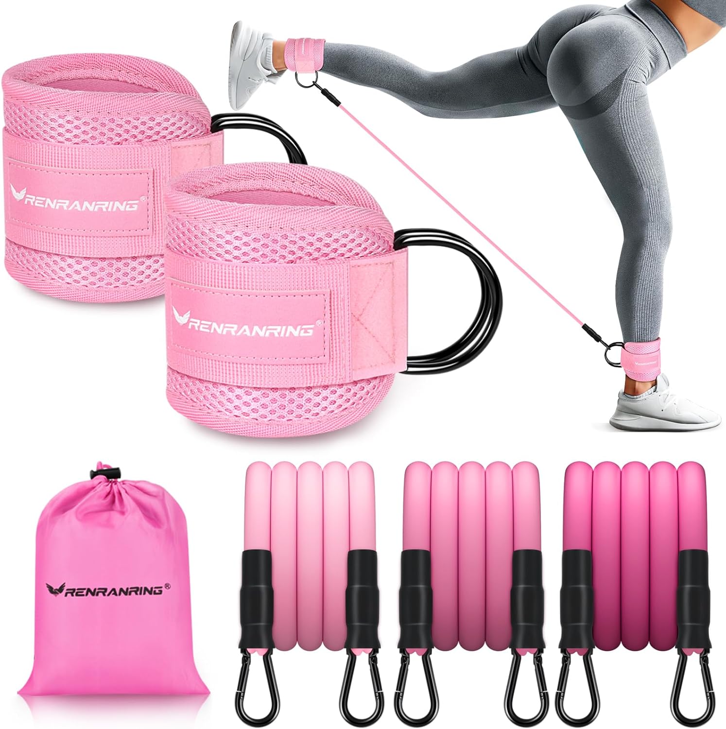 RENRANRING Ankle Resistance Bands with Cuffs, Glutes Workout Equipment, Ankle Bands for Working Out, Butt Exercise Equipment for Women Legs and Glutes (Pink)