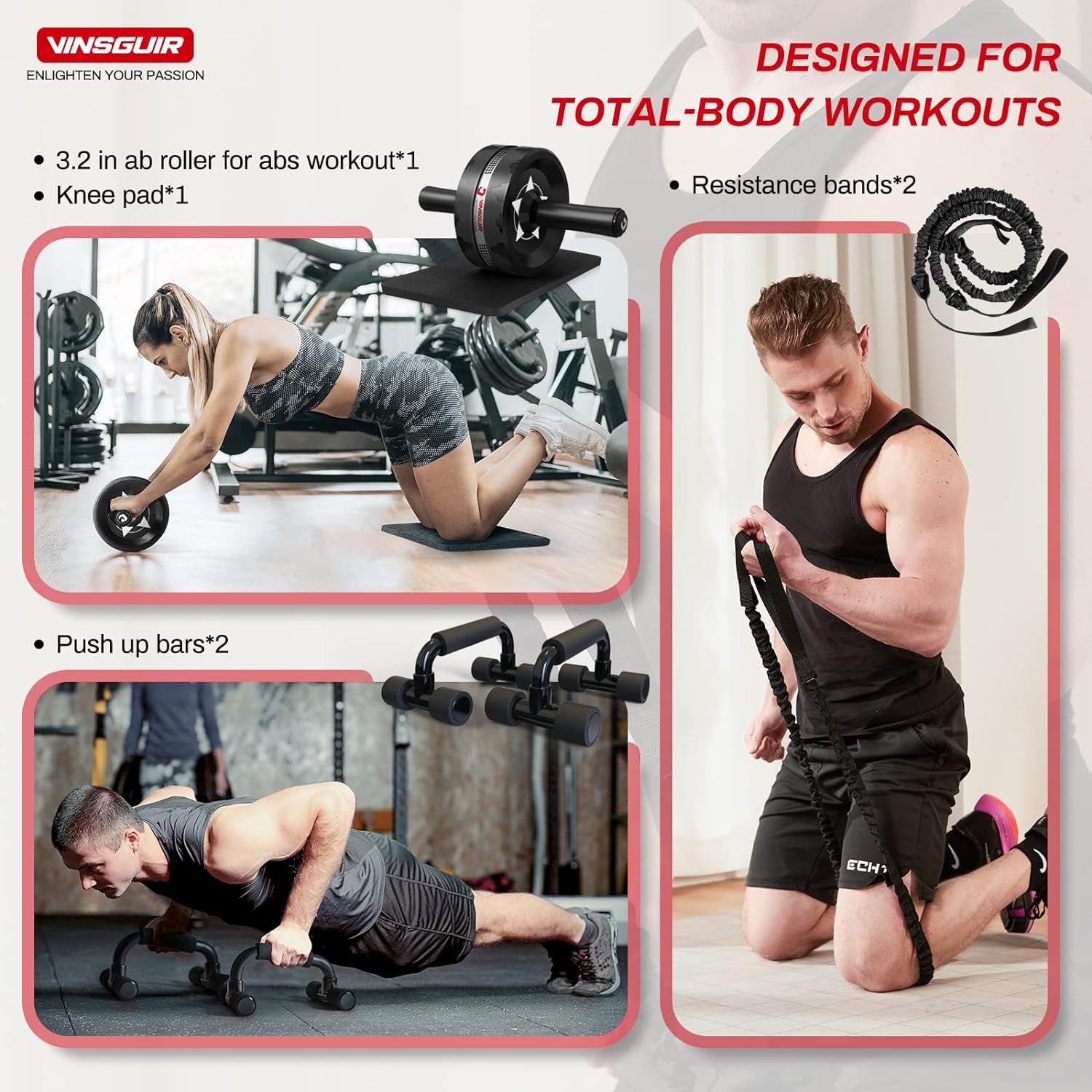 Vinsguir Ab Roller Wheel Kit - Ab Workout Equipment with Push Up Bars, Resistance Bands, Knee Mat, Home Gym Fitness Equipment for Core Strength Training, Abdominal Roller Machine with Gym Accessories for Men  Women