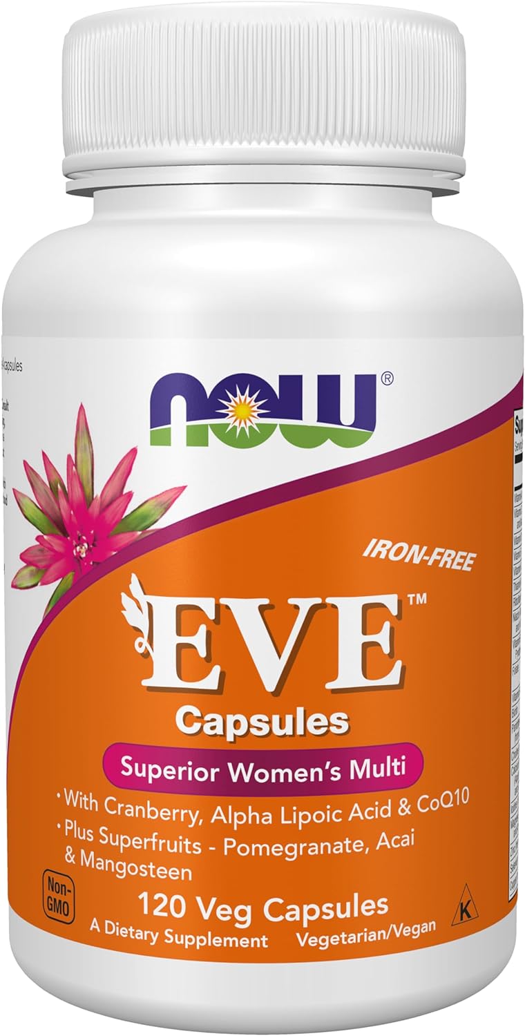 NOW Supplements, Eve™ Womens Multivitamin with Cranberry, Alpha Lipoic Acid and CoQ10, plus Superfruits - Pomegranate, Acai  Mangosteen, Iron-Free, 120 Veg Capsules